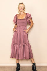 Mauve Satin Flutter Sleeve Midi Dress