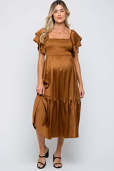 Camel Satin Flutter Sleeve Maternity Midi Dress