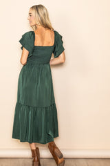 Forest Green Satin Flutter Sleeve Midi Dress