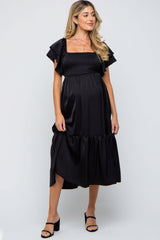 Black Satin Flutter Sleeve Maternity Midi Dress