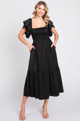 Black Satin Flutter Sleeve Maternity Midi Dress