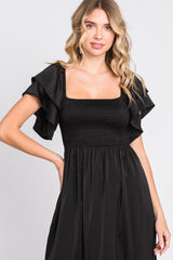 Black Satin Flutter Sleeve Midi Dress