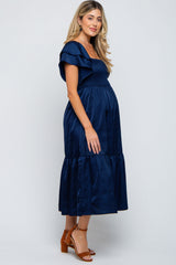 Navy Satin Flutter Sleeve Maternity Midi Dress