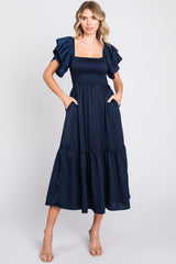 Navy Satin Flutter Sleeve Midi Dress