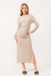 Beige Ruched Long Sleeve Midi Dress