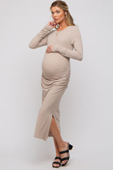 Beige Ruched Long Sleeve Maternity Midi Dress