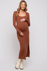 Brown Ribbed Side Slit Maternity Midi Dress