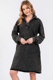 Charcoal Collared French Terry Raw Edge Dress