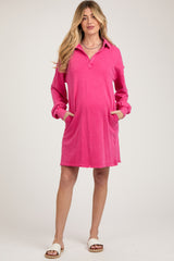 Fuchsia Collared French Terry Raw Edge Maternity Dress