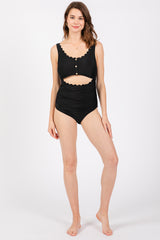 Black Scalloped Cutout Ruched One Piece Swimsuit