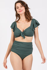 Olive Ribbed Ruffle Shoulder Front Tie High Waist Two-Piece Maternity Swimsuit