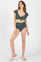 Olive Ribbed Ruffle Shoulder Front Tie High Waist Two-Piece Swimsuit