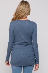 Blue Soft Knit Button Shoulder Ruched Side Maternity Top