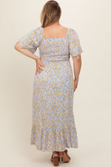 Light Blue Floral Smocked Plus Maternity Maxi Dress