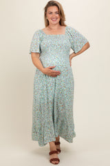 Mint Floral Smocked Plus Maternity Maxi Dress