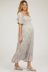 Light Blue Floral Smocked Maternity Maxi Dress