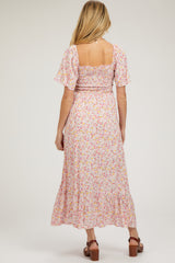 Light Pink Floral Smocked Maternity Maxi Dress