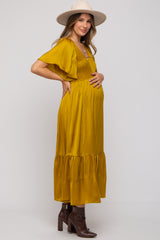 Gold Satin Smocked Maternity Midi Dress