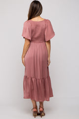 Pink Satin Smocked Maternity Midi Dress