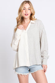 Beige Half Stripe Button Down Top