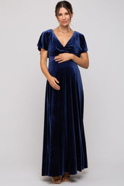 Navy Blue Velvet Maternity Maxi Dress