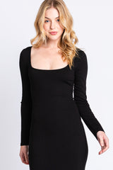 Black Ribbed Scoop Neck Midi Dress