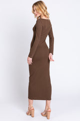 Brown Ribbed Scoop Neck Midi Dress