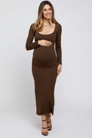 Brown Ribbed Scoop Neck Maternity Midi Dress