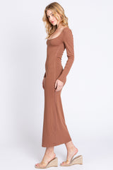 Mocha Ribbed Scoop Neck Midi Dress