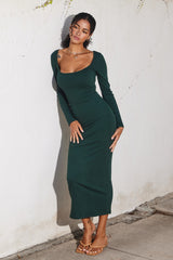 Forest Green Ribbed Scoop Neck Midi Dress