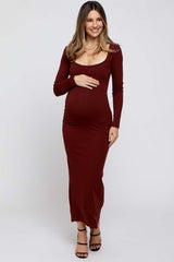 Rust Ribbed Scoop Neck Maternity Midi Dress