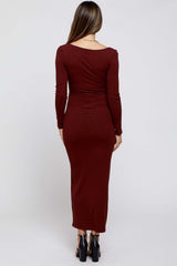 Rust Ribbed Scoop Neck Maternity Midi Dress