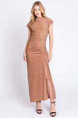 Mocha Glitter Mock Neck Maternity Midi Dress