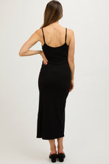 Black Ribbed Sleeveless Side Slit Maternity Dress