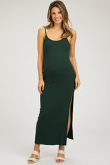 Forest Green Ribbed Sleeveless Side Slit Maternity Dress