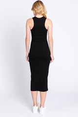 Black Sleeveless Ribbed Fitted Midi Dress