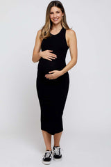 Black Sleeveless Ribbed Fitted Maternity Midi Dress