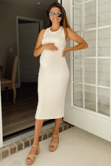 Ivory Sleeveless Ribbed Fitted Maternity Midi Dress