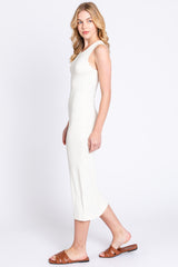 Ivory Sleeveless Ribbed Fitted Midi Dress