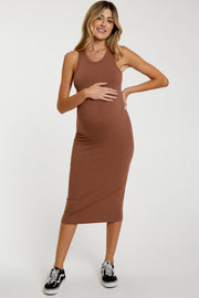 Mocha Sleeveless Ribbed Fitted Maternity Midi Dress