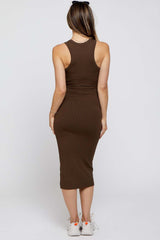 Brown Sleeveless Ribbed Fitted Maternity Midi Dress