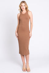 Camel Sleeveless Ribbed Fitted Maternity Midi Dress