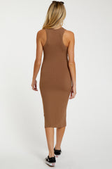 Camel Sleeveless Ribbed Fitted Maternity Midi Dress