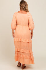 Peach Square Neck Ruffle Tiered Maternity Plus Maxi Dress