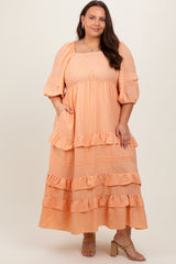 Peach Square Neck Ruffle Tiered Plus Maxi Dress