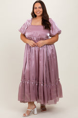 Mauve Puff Sleeve Ruffle Hem Plus Maxi Dress