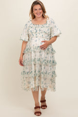 Cream Floral Mesh Smocked Ruffle Tiered Maternity Plus Midi Dress