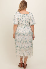 Cream Floral Mesh Smocked Ruffle Tiered Maternity Plus Midi Dress