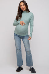 Green Ribbed Long Sleeve Maternity Turtle Neck Top