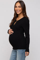 Black Ribbed Knit Button Long Sleeve Maternity Top